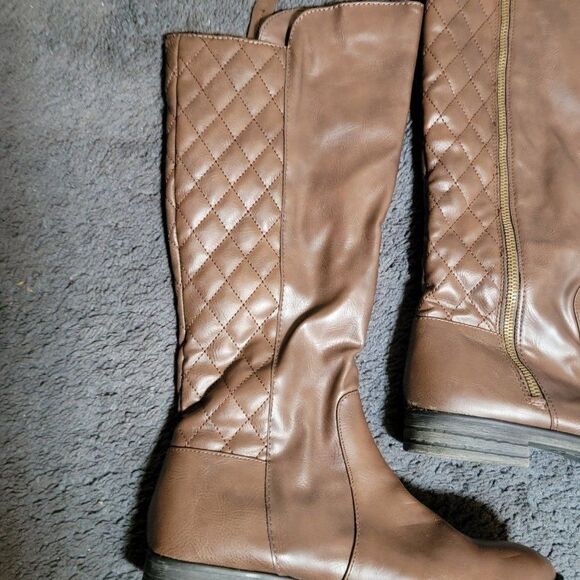 Bongo Womens Brown Leather Checkered Side Zip Thigh High Booties Size 7.5 M - Picture 2 of 6